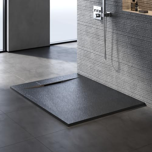 SONNI Duschwanne 140x90 cm, 32 mm Extra Flach, Schwarz, SMC, Ohne Siphon | Duschtasse, Schieferoptik, Extra flache, Rutschfeste Struktur, Ohne Siphon, moderner Badezimmerstil