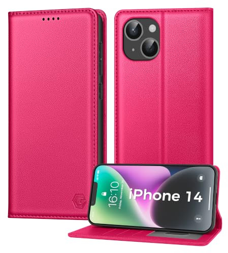 Kirnntca Handyhülle für iPhone 14 Hülle, Kartenfach Premium PU Leder Klapphülle Schutzhülle, Standfunktion Tasche Flip Case für iPhone 14 - Magenta
