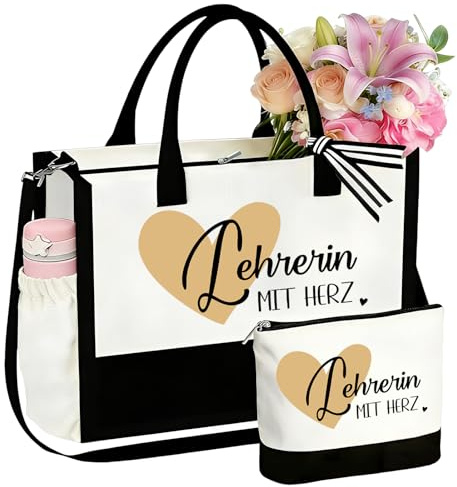 Lehrerin Canvas Tragetasche mit Kosmetiktasche, Baumwolltasche Canvas Tote Bag für Lehrer als Dankesgeschenk, Abschiedsgeschenk, Geschenke für Lehrerin zum Geburtstag, Abschied, Danke, Lehrertag