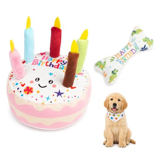 Dog Birthday Toy Set, 2 Plush Toys, Cake & Blue Bone, Dogs & Puppies | 2 plush toys, cake & blue bone shapes, polyester fabric, squeaker-free play, dogs, birthdays, indoor use