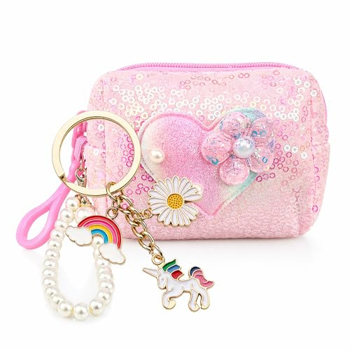 Porte Monnaie Fille Avec Sequin Et Perles, Petit Portefeuille Rose Pour Enfant Avec Porte-Cle Licorne, Pochette Mignonne Pour Argent Et Cartes, Cadeau Ideal Pour Petites Filles Et Ados