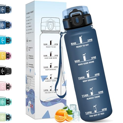 Motswedi Gourde 1l, Anti Fuite, Gourde Sport, Reutilisable, Bouteille eau, avec Marqueur de Temps et Filtre, Bouteille Plastique, pour Sport, Yoga, Gym, Camping, Randonnée, Bleu Foncé