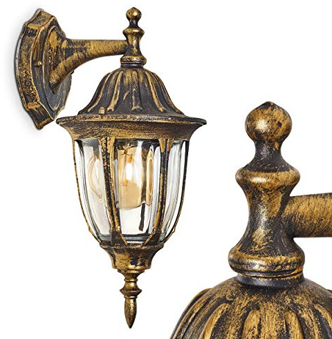 HOFSTEIN Außenwandleuchte Ribadeo, Außenwandlampe aus Metall/Glas in Schwarz-Goldfarben/Klar, moderne Wandleuchte Down im Retro/Vintage/Landhaus-Design, E27, IP44, Eingangsbereich, Haustür, Hof