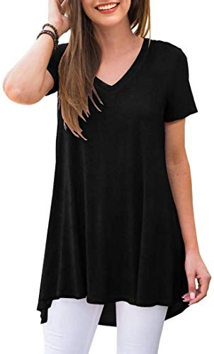 POPYOUNG Women's long Tunic Tops to Wear with Leggings Summer Short Sleeve Loose Fit Dress Shirts M-5XL L, Black