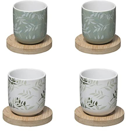 Secret de gourmet Coffret 8 pièces : 4 Tasses en Faïence Green et 4 sous Tasses en Bambou
