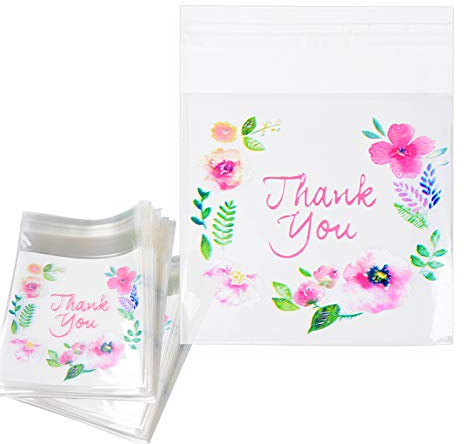 200 Stk Tüten Selbstklebend Flachbeutel mit Blumen Muster Thank You Geschenktüte Transparent Plastiktasche Klein Süßigkeiten Taschen Gastgeschenk Tütchen für Hochzeit Geburtstag Party 7x7+3cm