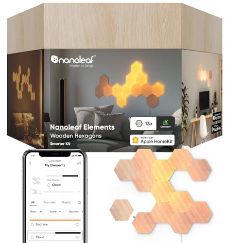 Nanoleaf Elements Hexagon Starter Kit, 13 Smarten Holzoptik LED Panels - Modulare Dimmbare WLAN Wandleuchte Innen, Musik Sync, Funktioniert mit Alexa Google Apple, Deko Wohnzimmer Schlafzimmer Büro