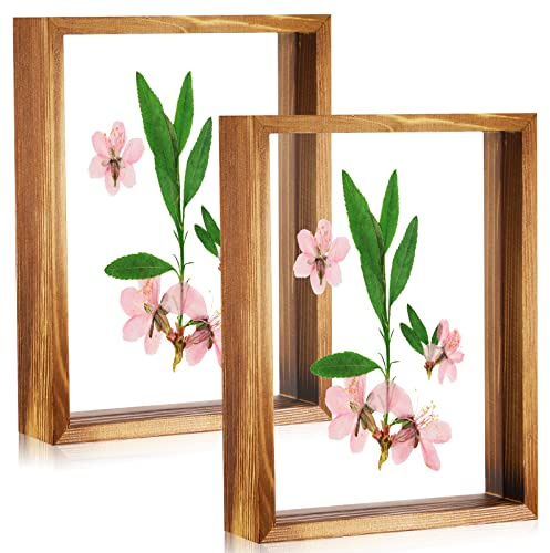 Yalikop 2 Pcs 5 x 7 Floating Picture Frames Wooden Pressed Flower Frame Double Acrylic Rustic Artwork Wall and Tabletop Display Photo, Gift for Family Friends Wedding DIY Gifts