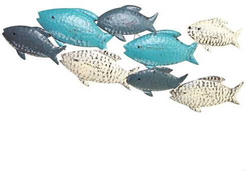 Logbuch-Verlag Escultura de pared de metal banco de peces en tonos azul marino, azul turquesa y beige 47 cm - decoración pared peces metal