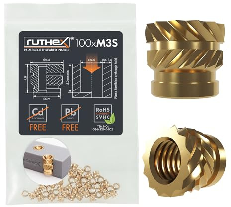 ruthex Inserto roscado M3 Short -100 casquillos roscados de latón RX-M3Sx4.0 – tuerca de inserción para piezas de plástico – tuercas moleteadas para embutir en piezas de impresora 3D por calor