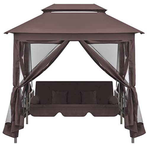 KOIECETA Pavillon Umwandelbare Schaukelbank Gartenschaukel mit Bettfunktion Hollywoodschaukel Hängeschaukel Dach Bettfunktion Gartenmöbel Liege (Kaffeebraun)