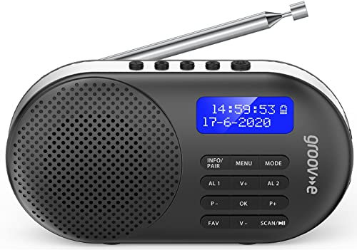 Groov-e Milan Rechargeable DAB & FM Digital Radio - Built-In Alarm Clock & Bluetooth Connectivity - LCD Display - USB or Battery Operated - Portable Radio - 60 Preset Stations - Black