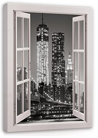 WallArena Leinwand Bilder 80x60 cm | Fensterbilck Fenster New York Nacht Stadt, Format: 80x60 cm (BxH) - einteilig auf Canvas Leinwand. Das Leinwand Bilder