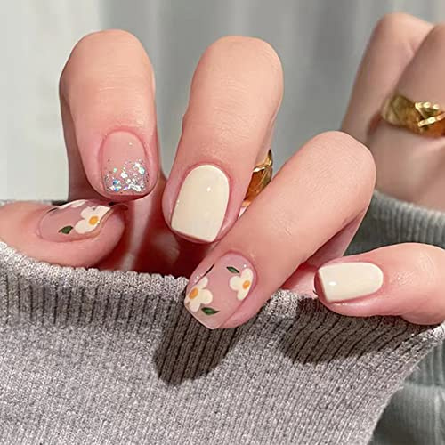 NICENEEDED Süße Press On Nails Square Short, Gelbe Blumen-Volle Deckungs-Falsche Nägel, Glänzender Glitzer-Stick Auf Den Nägeln Mit Nagelkleber-Aufklebern Holzstab Für Fingernägel Halloween