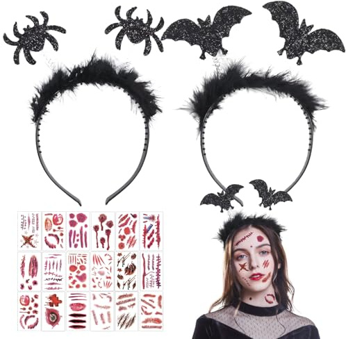 3 Teiliges Halloween Deko: Halloween Kostüm Damen Fledermaus Deko, Plüsch-Halloween Haarreif, Halloween Maske, Fledermaus-Tattoo-Aufkleber, Halloween-Karneval Kostümzubehör für Erwachsene und
