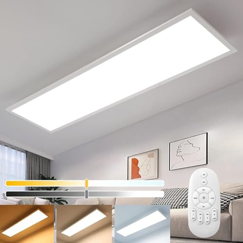 Dimmbar LED Panel Deckenlampe 100x25cm, 28W 2400LM Starke Helligkeit Ultra-Flach Deckenleuchte mit Fernbedienung, 2700K-6500K Warm/Weiß/Kalt Weißes Licht, Beleuchtung für Badezimmer Büro Fitnessraum
