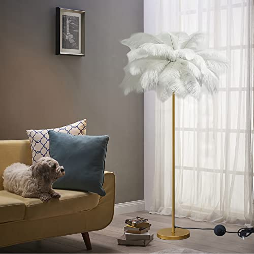 KISFWIU Stehlampe, Federlampe mit 48 natürlichen Straußenfedern 2023 neue verbesserte Version mit 10 Farben, verlängerte Federn geeignet für Wohnzimmer, Schlafzimmer, Arbeitszimmer, H160cm (White1)