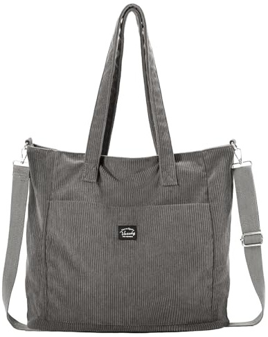 VASCHY Bolso Mujer Universidad, Bolso Grande de Pana Tote Bag Cremallera - Para Ordenador Portátil, Escuela y Trabajo