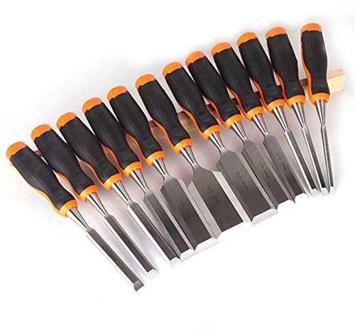 BomDog Ciseau de Tour, Ensemble de 12 Ciseaux Plats À Bois, Ciseau En Acier Au Vanadium Cr-V Couteau de Sculpture Sur Bois Professionnel, Manche En Fibre de Plastique Tpr Avec Extrémité de Marteau