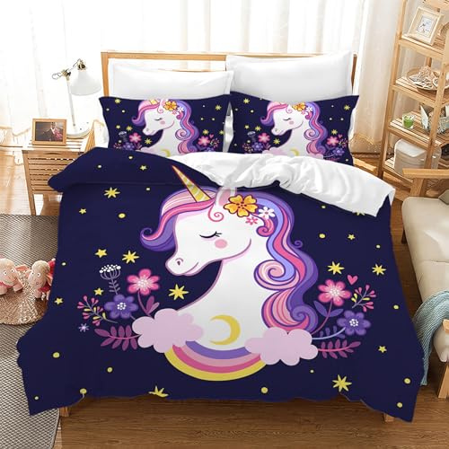 Leleyouzer Housse de Couette Licorne 200×200cm,Ensemble de Literie Licorne pour Enfants,Housse de Couette en Microfibre avec Deux Taies d'oreiller 50×75cm(E3)