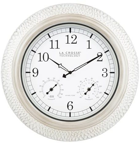 La Crosse Technology 433-29917-INT 21 Indoor/Outdoor Atomic Analog White-Washed Hammered Metal Wall Clock