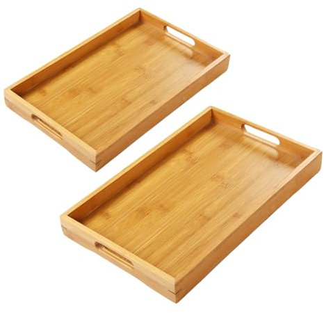 Set of 2 Wooden Serving Tray Rectangular Bamboo Tray with Handles Breakfast in Bed Food Serving Tray Serve Fruit Display Platters for Serving Coffee Tea （40 * 29 * 4.3cm & 35 * 25 * 4.3cm）