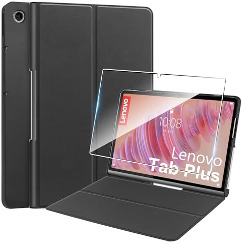 Hülle für Lenovo Tab Plus 11.5'' (2024) Tablette Case Cover +1 Stücks Schutzglas Schutzfolie,Ultra Schlank Superleicht Dreifach Falt Klapp Schutzhülle Case -Schwarz