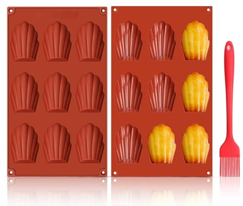 GlasFlength Moule Madeleine Silicone, Lot de 2 Moul e a Madeleine 9 Cavités Moule Antiadhésif en Forme de Coquille avec Brosse en Silicone pour Biscuits Chocolat Bonbons Pudding Gâteau (Rouge Brique)