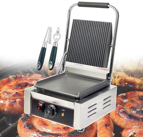 forplubossmmp Parrilla Eléctrica Comercial para Sándwiches, Tostadoras De Sándwich Antiadherentes con Mango Antiescaldaduras, Parrilla Eléctrica para Filetes, Carnes Verduras (Placa Única),Smooth