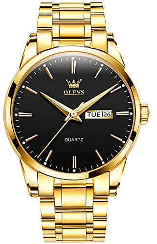 OLEVS Herrenuhren Goldene Schwarz Edelstahlarmband Quarz Uhr Männer mit Datum Wasserdicht Leuchtende Klassische Elegantes Armbanduhr Geschenk