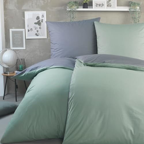BaSaTex Bettwäsche Set Renforcé, 4-TLG., 135 x 200 cm, Grau Salbei | 100% Baumwolle, Öko_Tex Zertifiziert, Reißverschluss