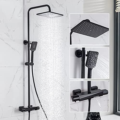 Cabezal de ducha Ducha Juego de ducha de lluvia cuadrada Grande con ducha con ducha manual de 3 vías, sistema de ducha de montaje de pared termostático, grifo de ducha de toque de batalla de bañera ui