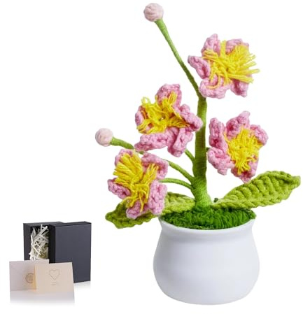 MAIBAOTA Fiori all'uncinetto Fiori di ciliegio Fiori lavorati a maglia Piante in vaso fatte a mano Bouquet di fiori artificiali Decorazioni da scrivania per ufficio Regali per insegnanti Donne