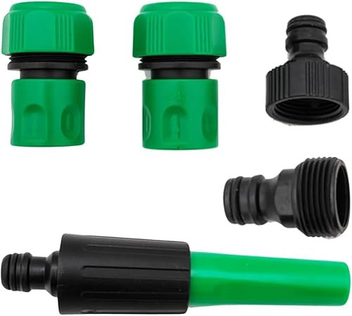 Garden Hose Connector Set 5 Piece – 1/2 Inch Inlet, 0.5 Inch Barb Fittings | Quick Connect Watering Kit with Spray Nozzle, Tap Adapter, Hose Joiners & Repair Couplers for Outdoor Irrigation Systems