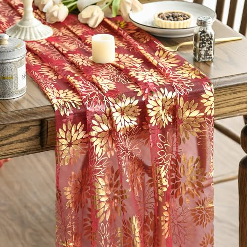 Artoid Mode - Runner da tavolo in tulle di gazar, colore rosso e oro, con motivi di dalie, per Natale, 70x300 cm, decorazione per la cucina invernale, decorazione per interni, festa, vacanza