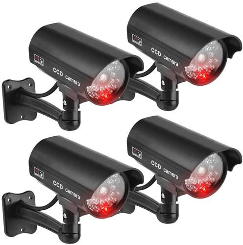 Behogan 4 Stück Kamera Attrappe, Überwachungskamera Attrappe mit Rot Blinkender LED, Wandhalterung Dummy Kamera, Kamera Atrappe Außen für Wand Decke im Innen und Außenbereich, Schwarz