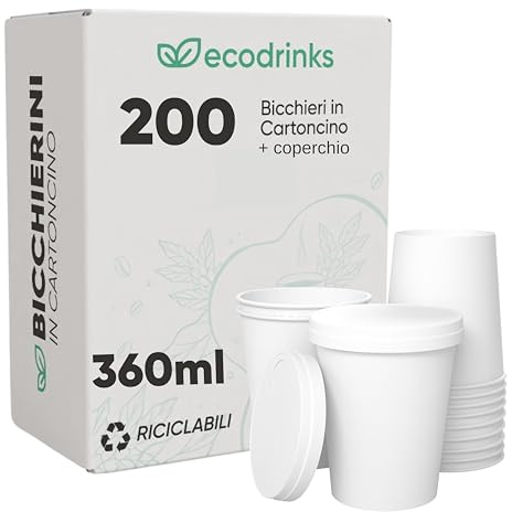ecodrinks 200 Bicchieri di Carta con Coperchio in Cartone da 360ml - Per Caffè Lungo, Espresso, Ginseng, Acqua o Cocktail - Adatti all'Uso Domestico, e Attività, Bianchi