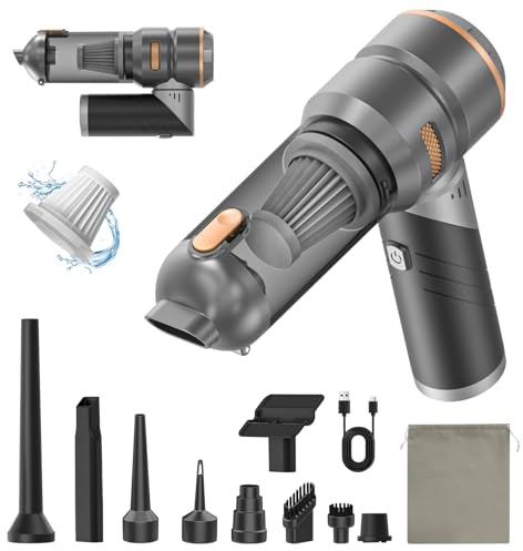 Hahimify Aspirador de Mano 16000 PA Succión, 7 en 1 Ultra Potente Mini Aspiradora Coche sin Cable Potente Portátil Recargable con Motor sin Escobillas para Coche, Hogar, Oficina y Camping