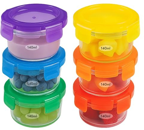 ARSUK Glass Baby Food Storage Containers (140 ml, 6PCS) - Small Glass Jars with Lids - Baby Weaning Pots For Freezer - Ideal Storage for Snack Pots - BPA Free, Microwaveable