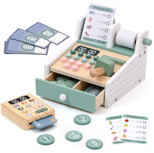 EVERGD Wooden Toy Cash Register Set for Kids, Pretend Role Play Checkout Toy with Scanner, Coins, and Credit Card Montessori Educational Learning Gift for Boys Girls Ages 3+