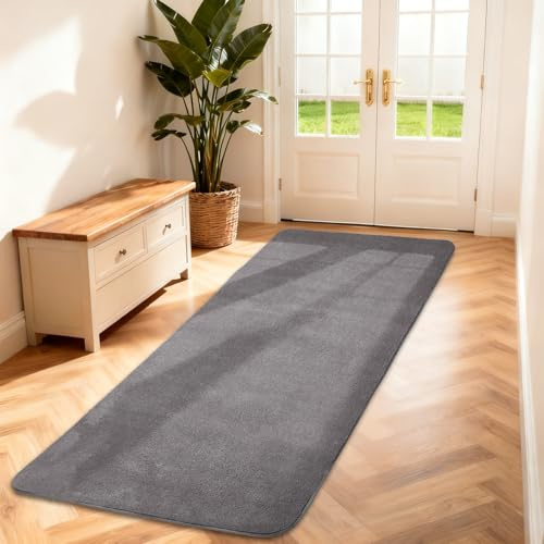 Teppich Läufer Flauschiger Kurzflor, Wohnzimmerteppich, 60X120, Dunkelgrau | Kleiner Matte Flur Teppiche Schlafzimmer, Einfarbiges Bettvorleger Rutschfest für Deko/Küche/Eingang/Kinderzimmer