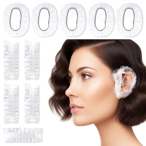 QSKISS 100 Pieces Disposable Ear Covers for Shower Waterproof Clear Plastic Ear Protectors Shower Caps for Adults Women Men for Salon Bathing Hair Dye