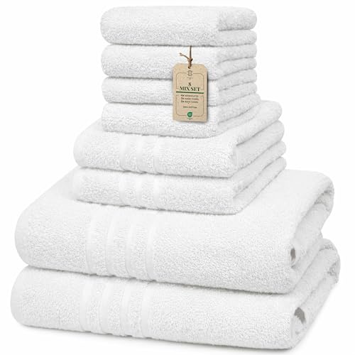 HomeBurg Core Set di asciugamani 8 pezzi Mix - Piccoli (30×30 cm), Medi (40×60 cm) & Grandi (60×135 cm) - Morbidi, Assorbenti e Confortevoli, Bianco
