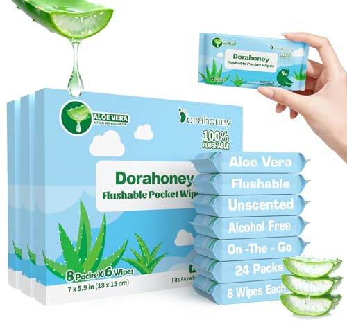 Dorahoney Mini Flushable Wet Wipes Travel Size with Aloe Vera, Unscented Moist Toilet Tissue, 99% Water, Hypoallergenic, Pocket-Sized for Adults, Kids and Baby Care, 24 Pack (144 Wipes Total)