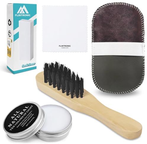 Flintronic 5-teiliges Schuhbürsten-Set, Bürsten mit Holzgriff, Reinigungstuch, Polierhandschuh, Radierer, zur Lederreinigung und zum Polieren von Stiefeln, Sitzen und Innenausstattung