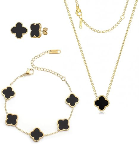 18K Goldplattiertes Vierblättriges Kleeblatt Schmuck Set, Edelstahl Zweiseitig Vierblättriges Schmuck, Halskette Ohrringe Armband Ring Valentinstag Muttertag Weihnachten Geschenk für Damen und Mädche