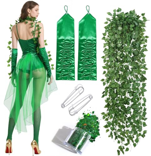 PANMAY Set di accessori glamour da donna per Halloween, da donna, include gonna in tulle verde edera con motivo a vite e guanti con paillettes, costume da donna per Halloween, feste, cosplay