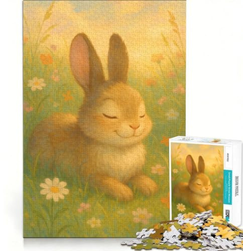 Puzzle da 1000 pezzi Coniglietto contento in un prato fiorito, gioco rompicapo, attività per famiglie, con poster e foglio di curiosità abbinati 38x26cm