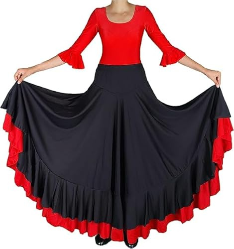 Jupe de Danse Flamenco Andalouse Noir et Rouge (FR/ES, Alpha/Lettres, S, Taille Normale, Taille Normale, Noir)