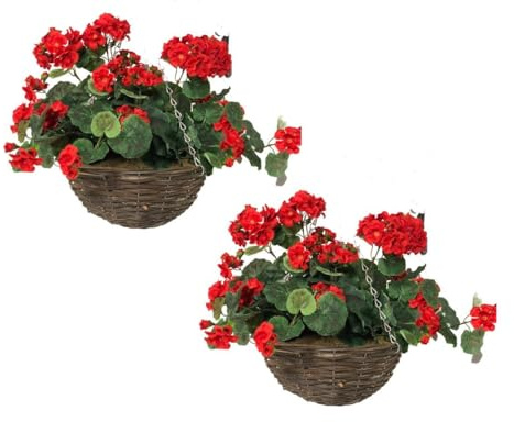 Primrose Premium Large Artificial Outdoor Hanging Baskets with Flowers (Red Geranium, Set of 2)